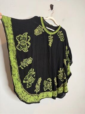 Olive Batik Butterfly Tunic Top Free Size Black Green Boho Caftan Poncho